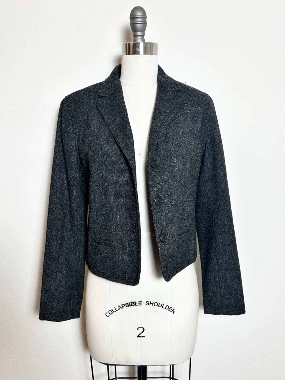 Vintage Lauren Ralph Lauren Charcoal Gray Cropped 100% Wool Blazer Jacket Sz ML